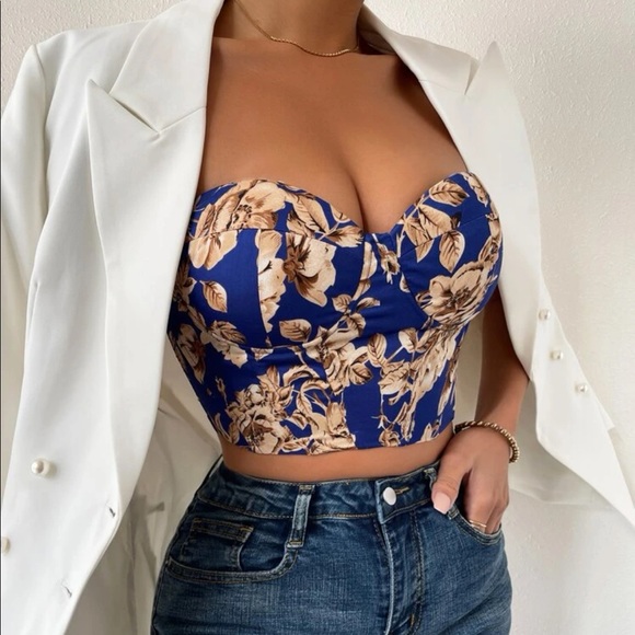 Boho cream floral print lace up back satin bustier corset tube top - Picture 15 of 16